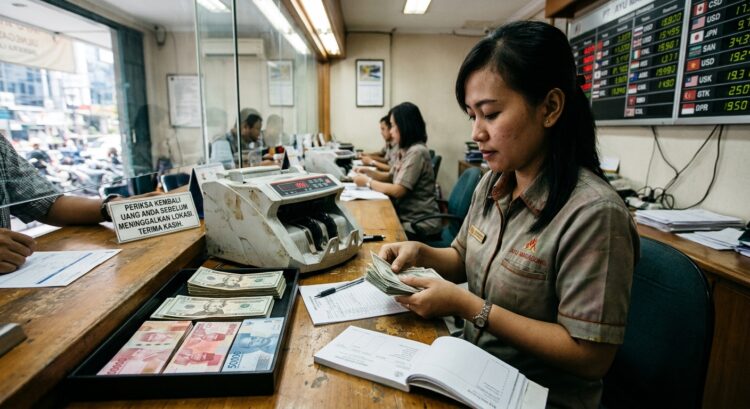 Karyawan menghitung uang pecahan dolar Amerika Serikat (AS) dan rupiah di gerai penukaran mata uang asing (AI Bulatan times)