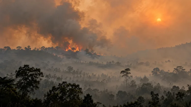 Ilustrasi kebakaran di kawasan hutan berbukit dengan asap tebal dan langit berwarna jingga