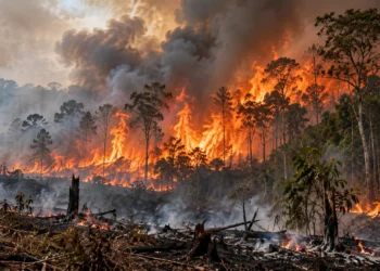 Ilustrasi kebakaran hutan dan lahan dengan kobaran api besar serta asap tebal yang membumbung ke udara.