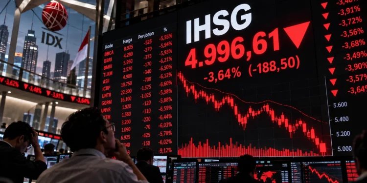 Ilustrasi papan perdagangan IDX menampilkan IHSG 4.996,61, penurunan 3,64 persen atau 188,50 poin, dengan grafik saham merah