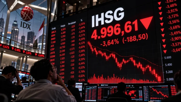 Ilustrasi papan perdagangan IDX menampilkan IHSG 4.996,61, penurunan 3,64 persen atau 188,50 poin, dengan grafik saham merah