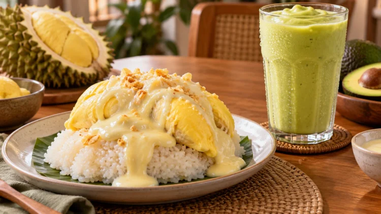 Ketan putih disajikan dengan daging durian kuning dan kuah kental di atas piring