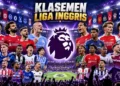 Ilustrasi digital bertema klasemen Liga Inggris dengan logo Premier League dan sejumlah pemain sepak bola berlatar stadion bercahaya ungu