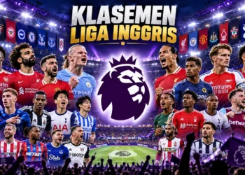 Ilustrasi digital bertema klasemen Liga Inggris dengan logo Premier League dan sejumlah pemain sepak bola berlatar stadion bercahaya ungu