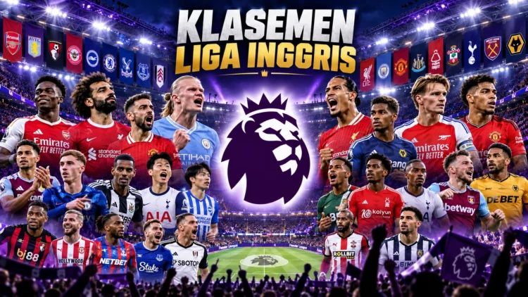Ilustrasi digital bertema klasemen Liga Inggris dengan logo Premier League dan sejumlah pemain sepak bola berlatar stadion bercahaya ungu