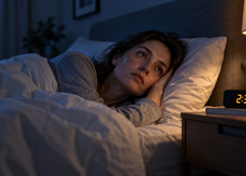 Perempuan terjaga di tempat tidur pada malam hari dengan jam digital menunjukkan pukul 2.30