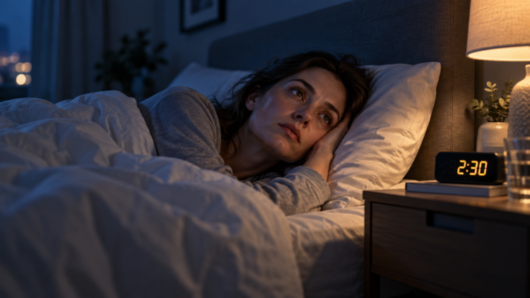 Perempuan terjaga di tempat tidur pada malam hari dengan jam digital menunjukkan pukul 2.30