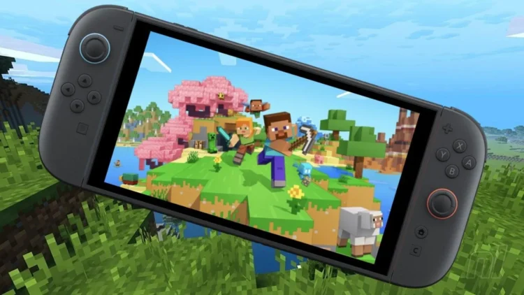 Konsol genggam Nintendo Switch 2 menampilkan permainan Minecraft dengan karakter Steve dan Alex di dunia blok berwarna cerah