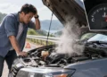 Ilustrasi mesin mobil overheat mengeluarkan uap saat kap mesin dibuka di pinggir jalan.