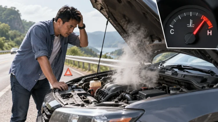 Ilustrasi mesin mobil overheat mengeluarkan uap saat kap mesin dibuka di pinggir jalan.