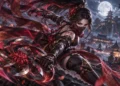 Ilustrasi perempuan ninja berkostum merah hitam memegang senjata melingkar dengan ornamen bunga merah, berlatar bangunan bergaya Jepang dan bulan purnama