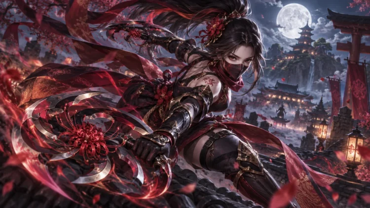 Ilustrasi perempuan ninja berkostum merah hitam memegang senjata melingkar dengan ornamen bunga merah, berlatar bangunan bergaya Jepang dan bulan purnama