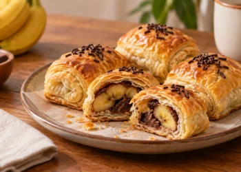 Pisang bolen panggang berwarna keemasan di atas piring, dengan potongan yang memperlihatkan isian pisang dan cokelat
