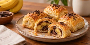 Pisang bolen panggang berwarna keemasan di atas piring, dengan potongan yang memperlihatkan isian pisang dan cokelat