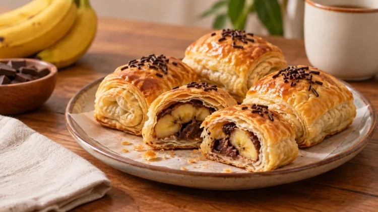 Pisang bolen panggang berwarna keemasan di atas piring, dengan potongan yang memperlihatkan isian pisang dan cokelat