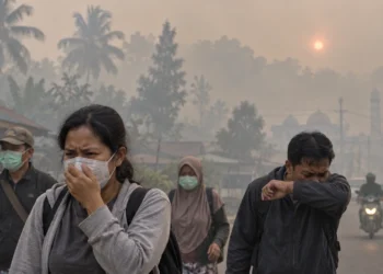 Warga dewasa berjalan di jalan berkabut asap, sebagian memakai masker dan seorang pria menutup hidung dengan lengan