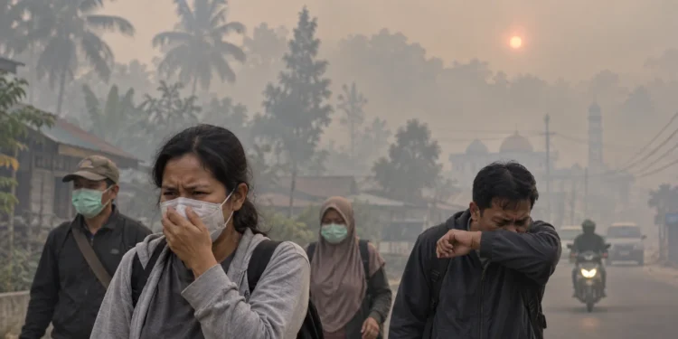 Warga dewasa berjalan di jalan berkabut asap, sebagian memakai masker dan seorang pria menutup hidung dengan lengan