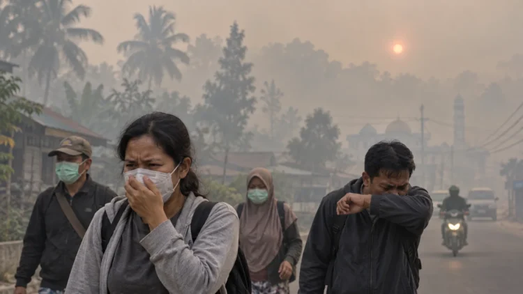 Warga dewasa berjalan di jalan berkabut asap, sebagian memakai masker dan seorang pria menutup hidung dengan lengan