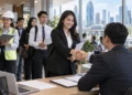 Ilustrasi seorang perempuan berjabat tangan dalam pertemuan kerja di kantor, dengan pekerja lain di sekitarnya