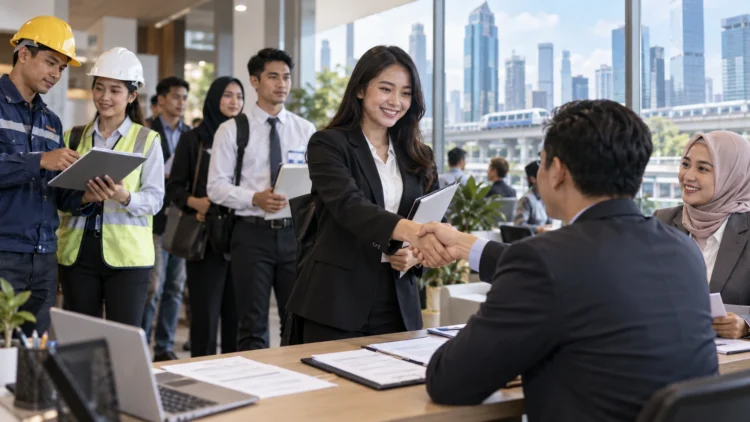Ilustrasi seorang perempuan berjabat tangan dalam pertemuan kerja di kantor, dengan pekerja lain di sekitarnya