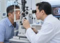 Dokter spesialis mata memeriksa mata pasien pria paruh baya menggunakan alat slit lamp.