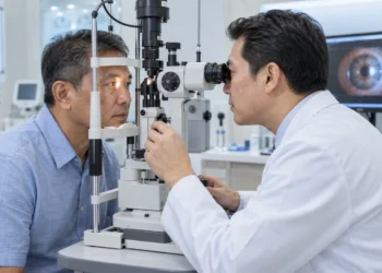 Dokter spesialis mata memeriksa mata pasien pria paruh baya menggunakan alat slit lamp.