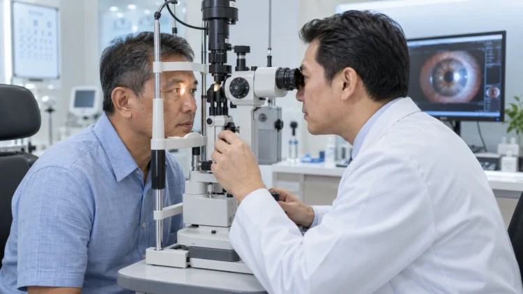 Dokter spesialis mata memeriksa mata pasien pria paruh baya menggunakan alat slit lamp.