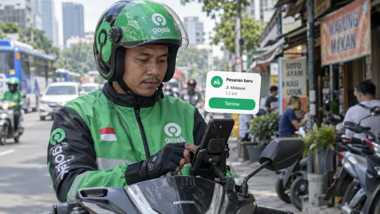 Ilustrasi pengemudi berhelm dan berjaket Gojek melihat telepon genggam di atas sepeda motor, dengan grafis notifikasi pesanan