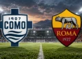 Ilustrasi pertandingan Como vs AS Roma dengan kedua logo klub berlatar lapangan sepak bola.