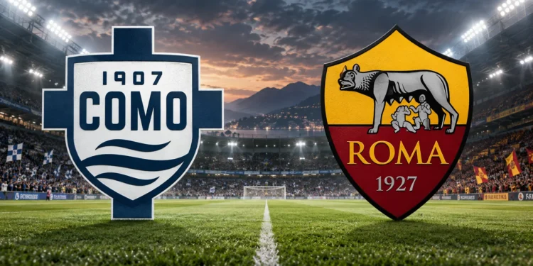 Ilustrasi pertandingan Como vs AS Roma dengan kedua logo klub berlatar lapangan sepak bola.