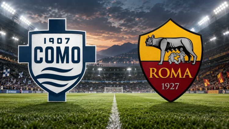 Ilustrasi pertandingan Como vs AS Roma dengan kedua logo klub berlatar lapangan sepak bola.