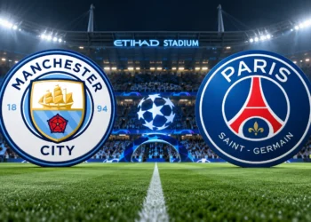 Ilustrasi lambang Manchester City dan Paris Saint-Germain berhadapan di lapangan stadion pada malam hari