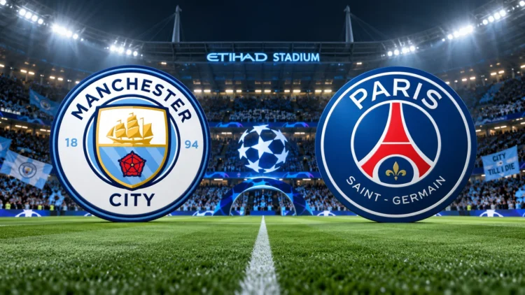 Ilustrasi lambang Manchester City dan Paris Saint-Germain berhadapan di lapangan stadion pada malam hari