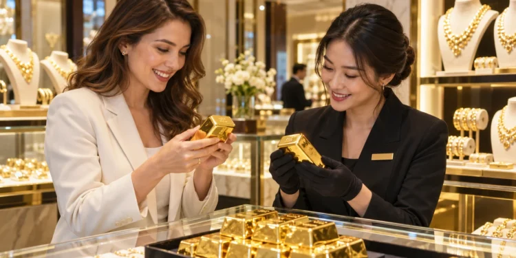 Ilustrasi dua perempuan memegang dan mengamati emas batangan di etalase butik emas