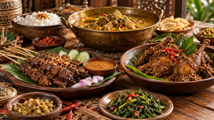 Ilustrasi aneka makanan berempah di atas meja, berupa sate daging, gulai dalam kuali besar, olahan daging berbumbu, nasi, dan sayuran
