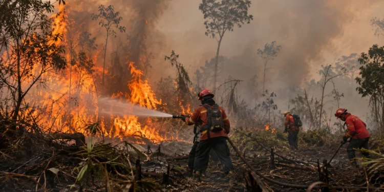 Ilustrasi petugas memadamkan kebakaran hutan dan lahan.