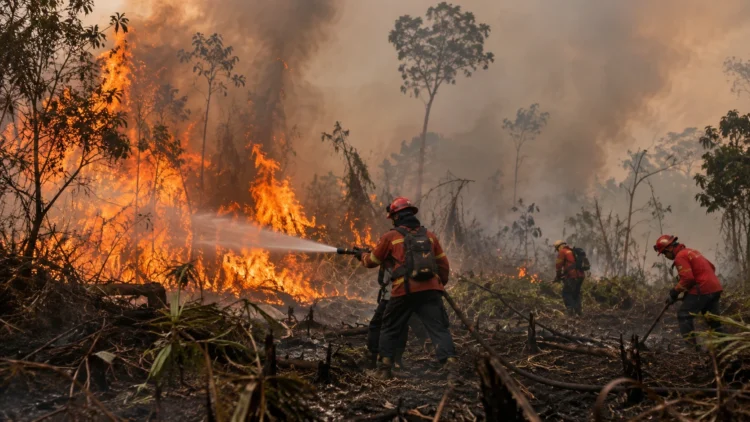 Ilustrasi petugas memadamkan kebakaran hutan dan lahan.