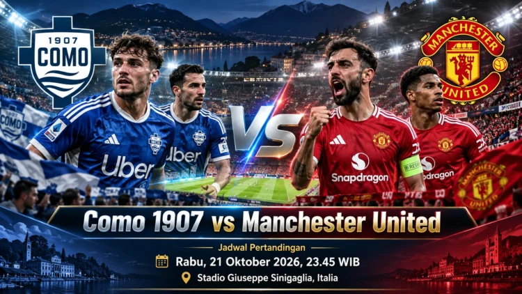 Poster ilustrasi AI Como 1907 melawan Manchester United dengan logo kedua klub dan jadwal pertandingan 21 Oktober 2026 pukul 23.45 WIB.