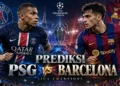 Ilustrasi digital dua pesepak bola dengan seragam PSG dan Barcelona saling berhadapan di stadion dengan teks Prediksi PSG vs Barcelona