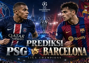 Ilustrasi digital dua pesepak bola dengan seragam PSG dan Barcelona saling berhadapan di stadion dengan teks Prediksi PSG vs Barcelona