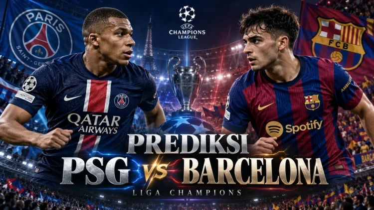 Ilustrasi digital dua pesepak bola dengan seragam PSG dan Barcelona saling berhadapan di stadion dengan teks Prediksi PSG vs Barcelona