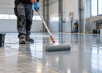 Pekerja mengaplikasikan pelapis epoxy pada lantai beton