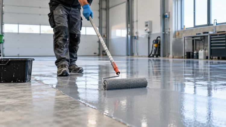 Pekerja mengaplikasikan pelapis epoxy pada lantai beton