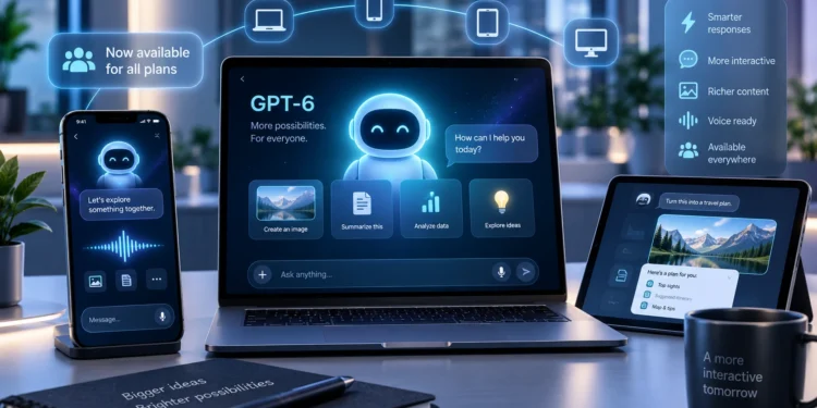 Ilustrasi GPT-6 di ChatGPT pada laptop, ponsel, dan tablet