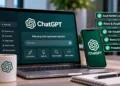 Ilustrasi laptop dan ponsel menampilkan logo ChatGPT, disertai panel manfaat konten, riset, dan produktivitas