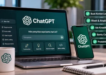 Ilustrasi laptop dan ponsel menampilkan logo ChatGPT, disertai panel manfaat konten, riset, dan produktivitas