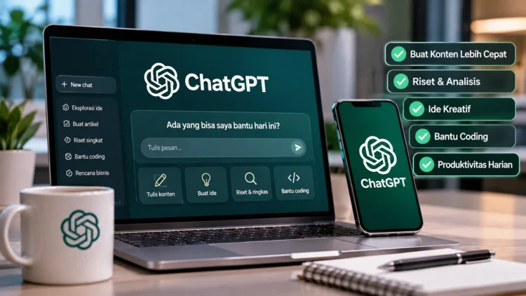 Ilustrasi laptop dan ponsel menampilkan logo ChatGPT, disertai panel manfaat konten, riset, dan produktivitas