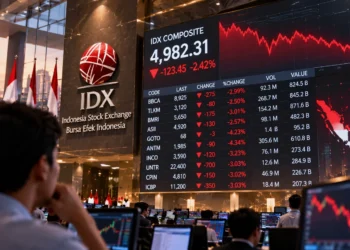 Ilustrasi layar IDX Composite dengan grafik harga saham merah dan suasana lantai perdagangan bursa