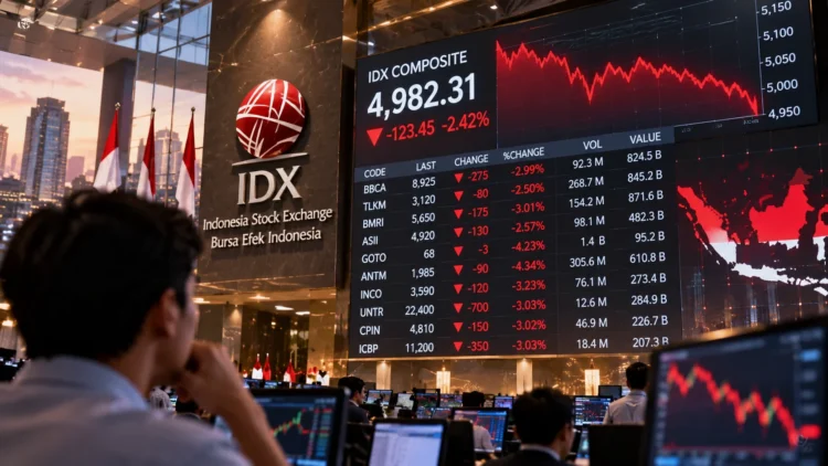 Ilustrasi layar IDX Composite dengan grafik harga saham merah dan suasana lantai perdagangan bursa