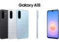 Samsung Galaxy A18 dalam warna hitam, perak, dan biru muda terlihat dari belakang, samping, serta depan